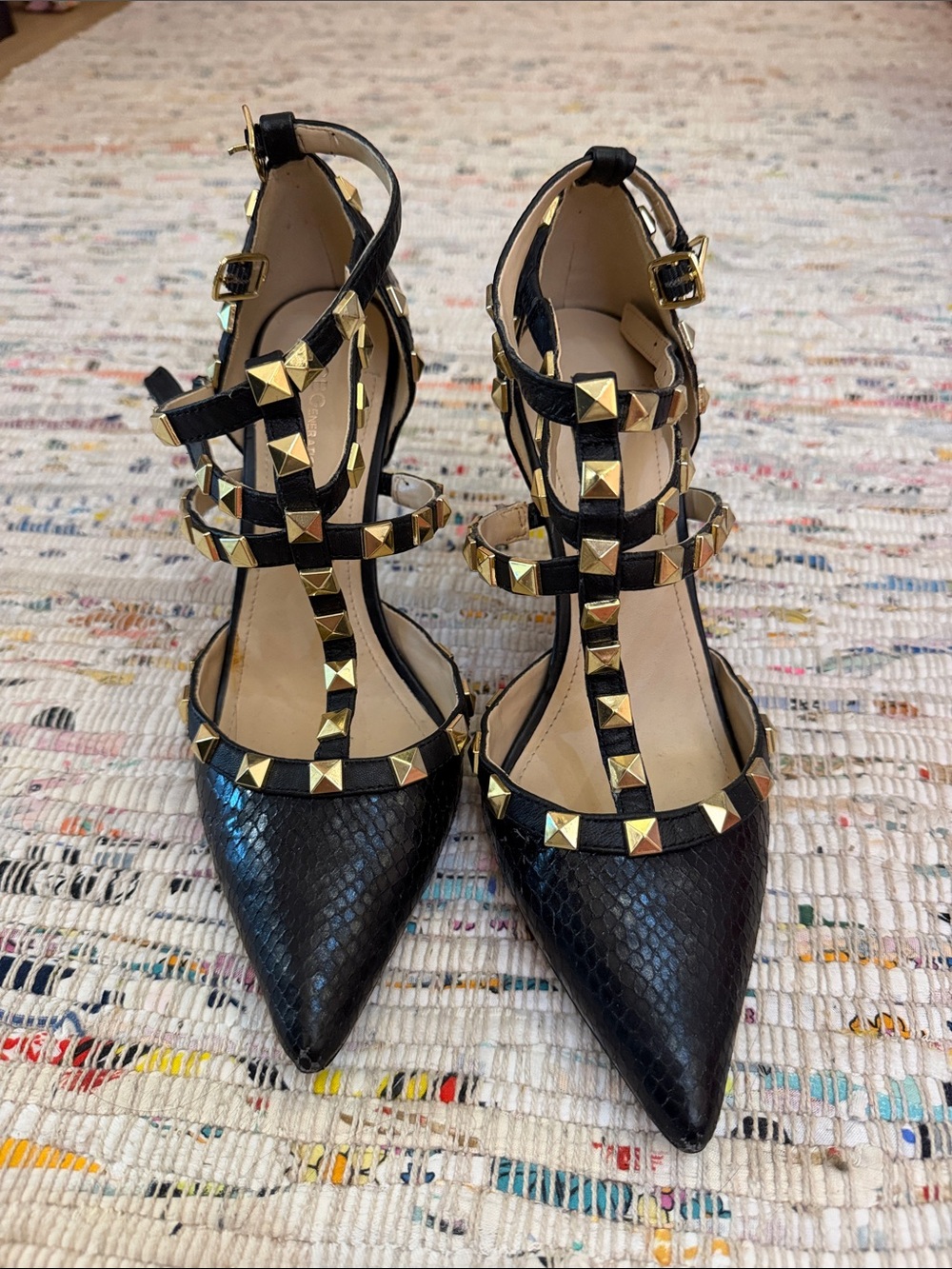BCBGeneration Black Gold Pyramid Stud T-Strap Pointed Pumps